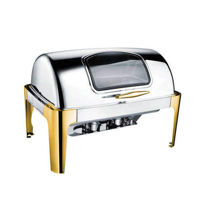 9 Litre Rectangular Roll-Top Chafing Dish With Glass Lid (Golden Leg & Handle) HM-0721GLGT